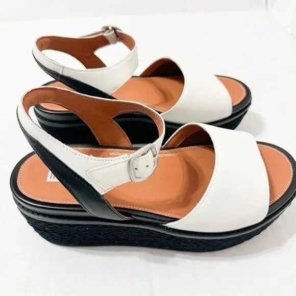 FITFLOP NWB Sz 8 White Black Leather Platform Espadrille Sandals - Picture 2 of 8